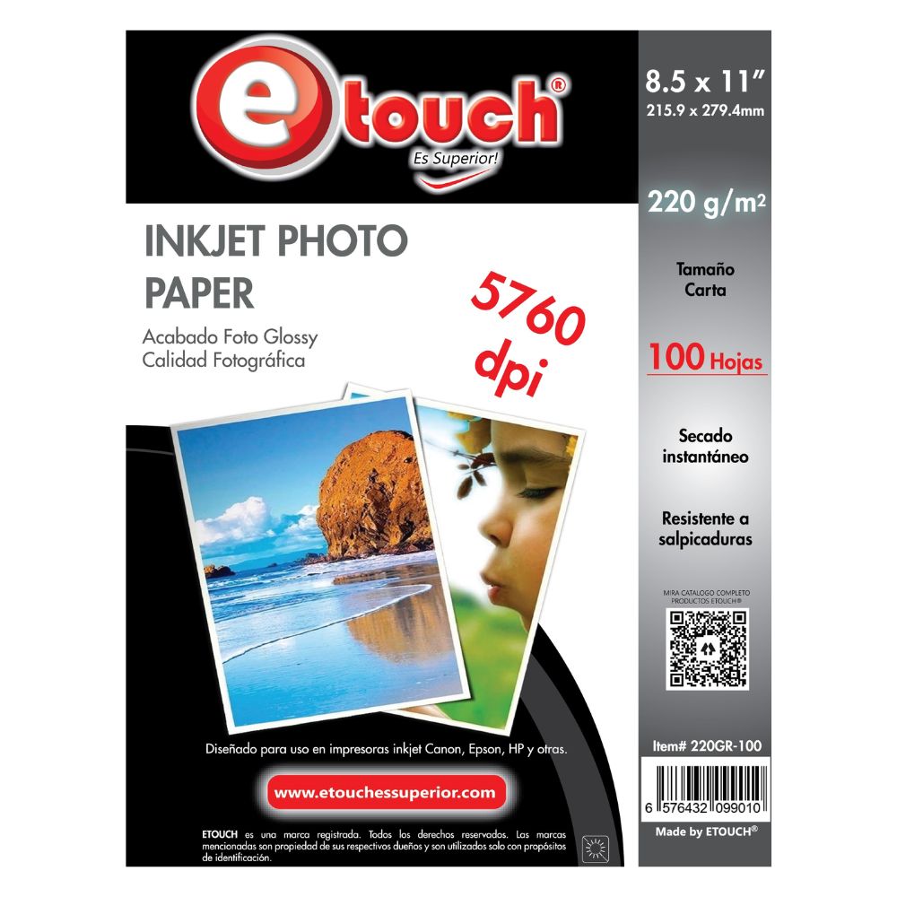 220GR-100-1.jpg Etouch Papel Fotográfico Glossy Carta 100 Hojas 220 grs - 220GR-100 - Imagen 1