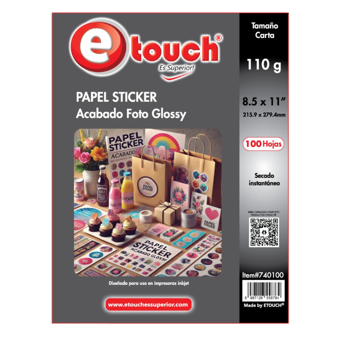 740100.jpg Etouch Papel Fotografico Sticker 100 hojas Carta 110 grs - 740100 - Imagen 1