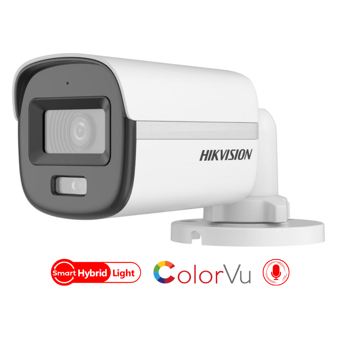 DS-2CE10KF0T-LPFS Hikvision Cámara Tipo MiniBala 3K 5MP / Lente fijo IR 20M / 2.8mm / IP67 / Smart Hybrid Light y ColorVu / Con Audio - Imagen 1