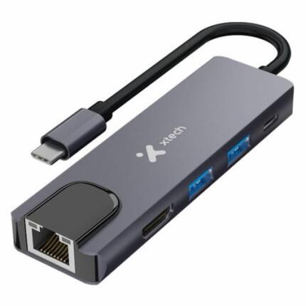 Xtech XTC-572 Adaptador Multipuerto USB-C 5 en 1 con HDMI 4K, Ethernet Gigabit, 2x USB 3.0 y Power Delivery 100W – Hub USB-C de Aluminio Plug & Play para Laptop y Móvil - AB005XTK34